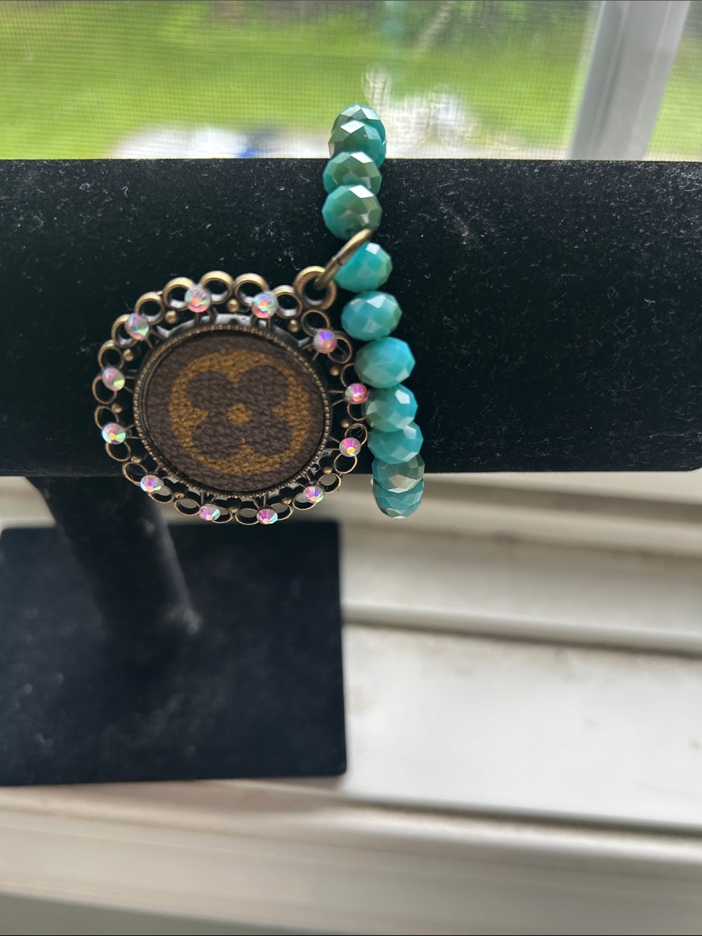 Keep It Gypsy Upcycled LV Quatrefoil Charm Turquoise Faceted Bracelet